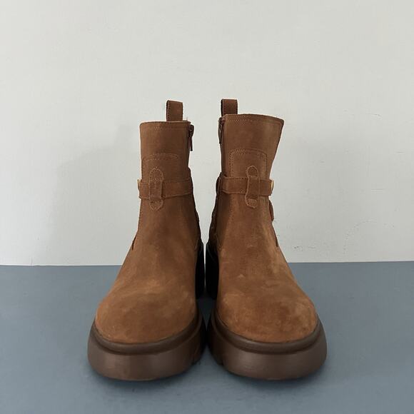 Steve Madden Coletta Lug Sole Tan Suede Buckle Ankle Booties - Picture 3 of 9